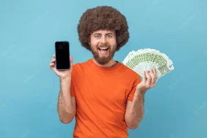 man showing euro banknotes smart phone with empty display promotional text 416530 33036